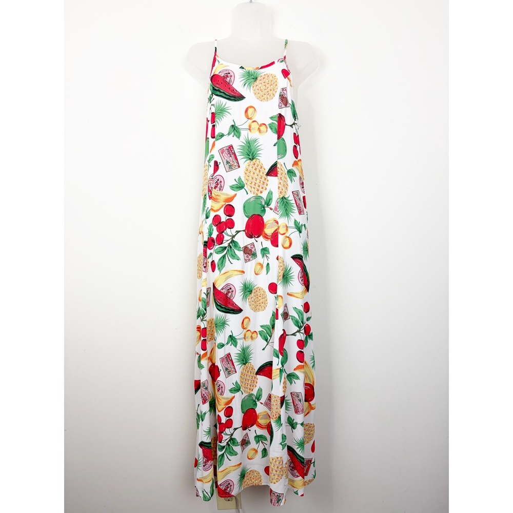 Citron Santa Monica VTG Tropical Fruit Print Maxi Slip Dress White Sz S Hawaiian